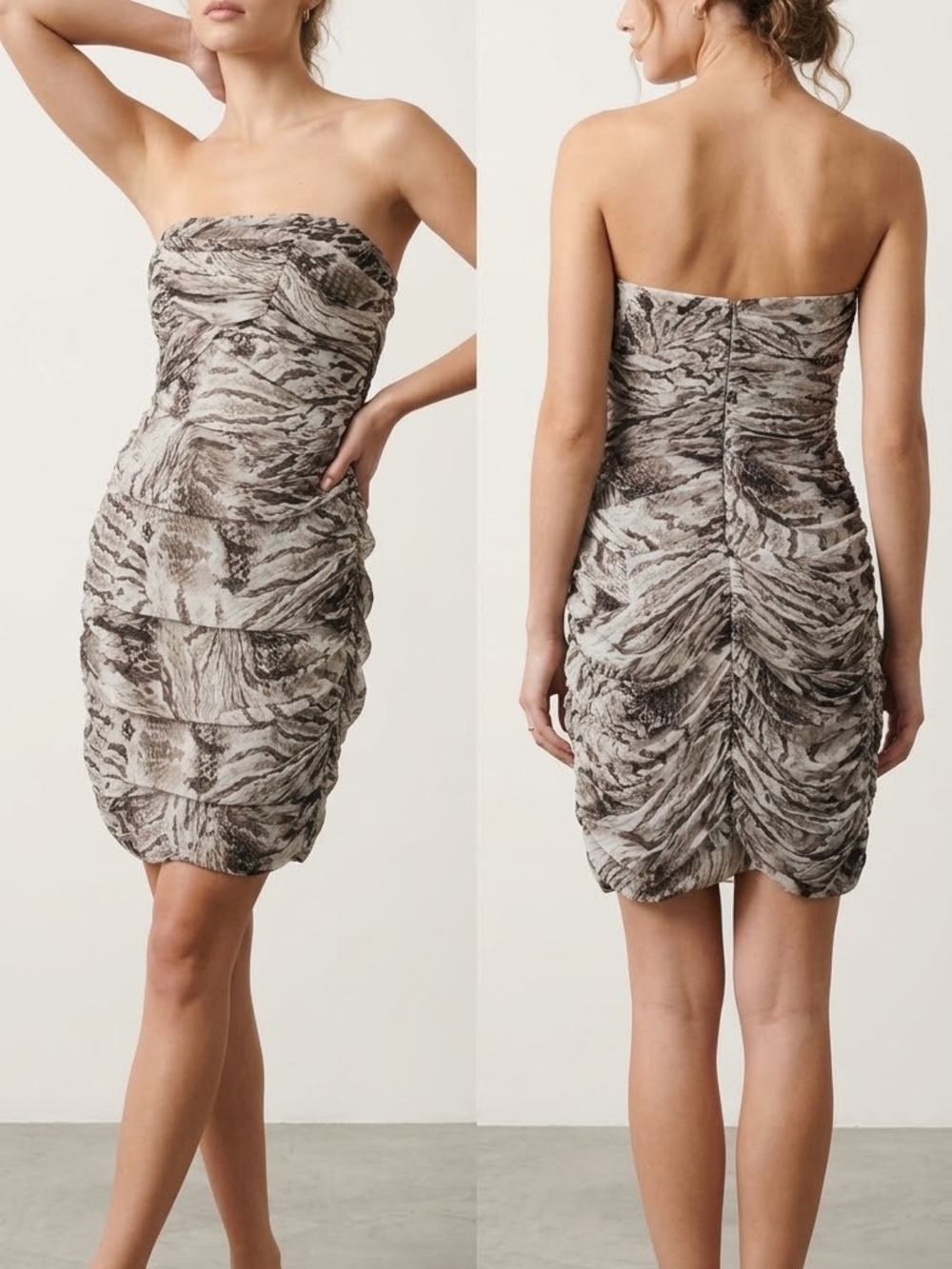 le chateau Strapless Ruched Animal-Print Cocktail Dress - Gray/White